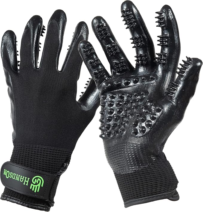 H HandsOn Pet Grooming Gloves - Patented #1 Ranked, Award Winning Shedding, Bathing, & Hair Remover Gloves - Gentle Brush for Cats, Dogs, and Horses (Black, Junior)