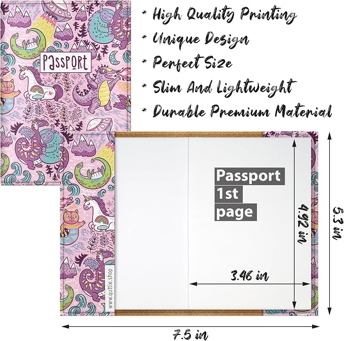 Passport Cover for Kids, Women and Men, Cute Travel Passport Holder (Dragon Yeti Pattern)
