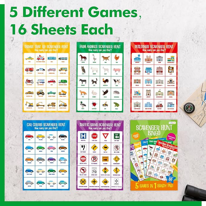 Road Trip Game Pad, 5 Games in 1 (Farm Animals, Car Colors, Buildings, Traffic Signs, Vehicles Scavenger Hunt Bingo), Pen Pencil Paper Game, Plane Trip/ Car Travel/Getaway Activity Pad for Kid, Adult