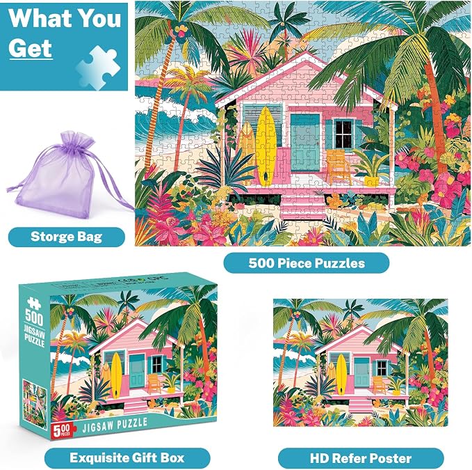 500 Piece Jigsaw Puzzle for Adults, Tropical Beach House | Tropical beach house scene with palm trees, surfboards, flowers, poster, storage bag, back letters and thick cardboard.