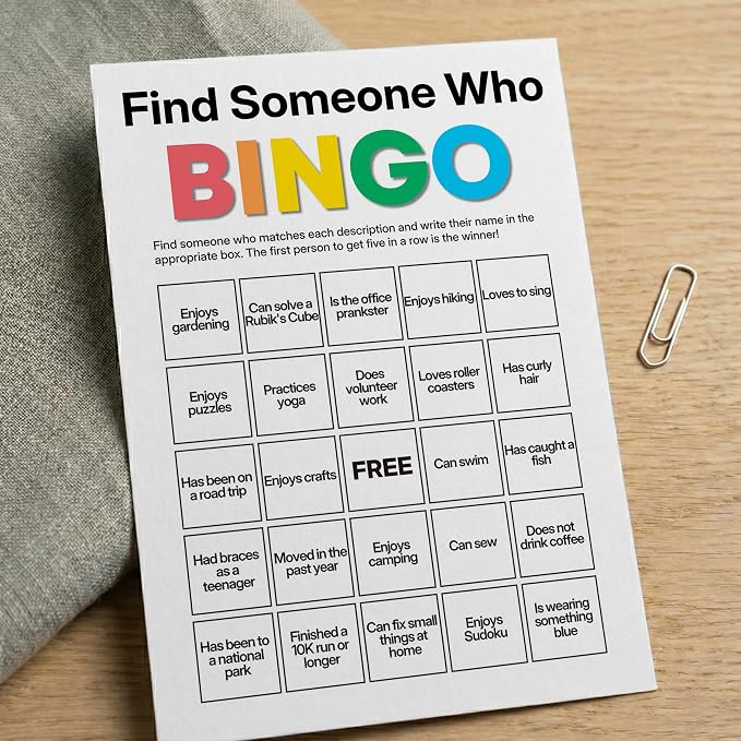 Find Someone Who Bingo Cards, 25 Unique Randomized 5x7 Sheets, Get to Know You Bingo Game for Adults, Ice Breaker Office Party Games, Team Building Games for Work, High Replay Value - B003