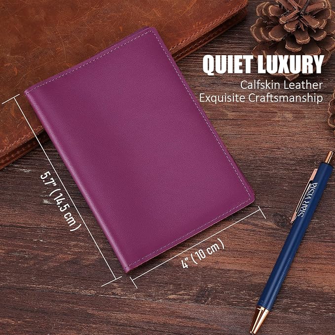 STAR VISTA Albatross Leather Travel Passport Holder, Minimalist Design, Calfskin Leather Case for Women and Men - Slim Passport Wallet, Bifold, RFID Blocking, with AirTag Holder, Violet