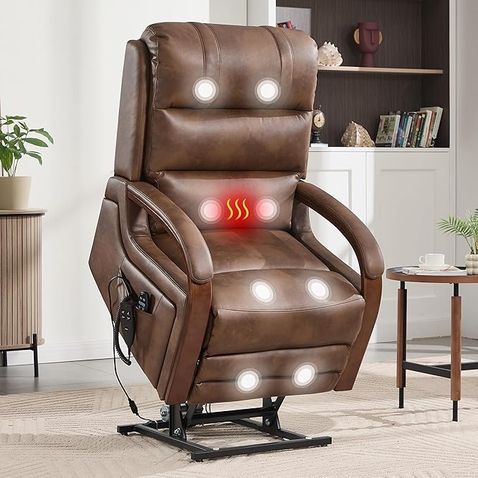 Power Lift Recliner Chair for Elderly People, Dual Motor Lift Chair with Vibration Massage and Heat, Lay Flat Recliner with Solid Wood Armrest, Standing Assistance Reclining, Faux Leather Brown