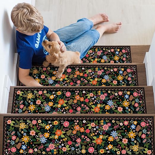 Black Floral Stair Treads 15 Pack Non Slip Stair Runner | 15PCS Black Floral Stair Runners Non Slip Indoor 8x30 Inch, Washable Carpet Rugs, Silicone Backing Kids Elders Dogs