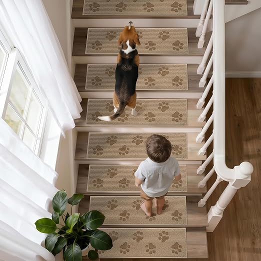 DEXDE Stair Treads for Wooden Steps Non-Slip Stair Runner, 15pcs Beige | Non Slip Backing Carpet Stair Treads Indoor, Soft Washable 30x8 Stair Rugs Self-Adhesive Staircase Rugs for Kids Pets Elders