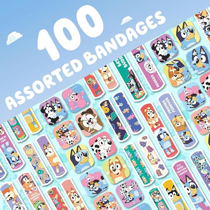 Dr. Bluey Kids Bandages, 3 Assorted Sizes 100 CT | Wear Like Stickers, Flexible Adhesive Bandages for Minor Cuts, Scrapes, and Burns. Great Gift idea for Kids