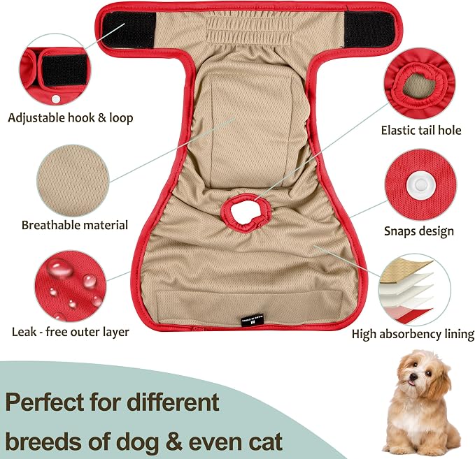 Washable Female Dog Diapers (5 Pack) - Doggie Reusable Small Medium Large Dog Diapers for Doggy Puppy Female in Period - Highly Absorbent Dog Heat Panties,S Plus,Red
