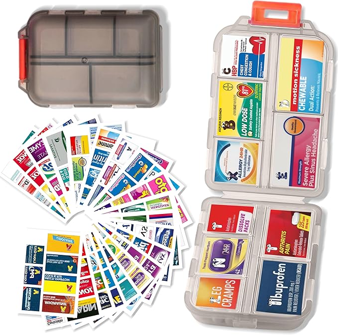 Pill Organizer with Medicine Labels Travel Daily Pill Container Mini Medication Organizer Storage Pill Organizer Travel Essentials Pill Case 7 Day (Grey & 161 Lables)