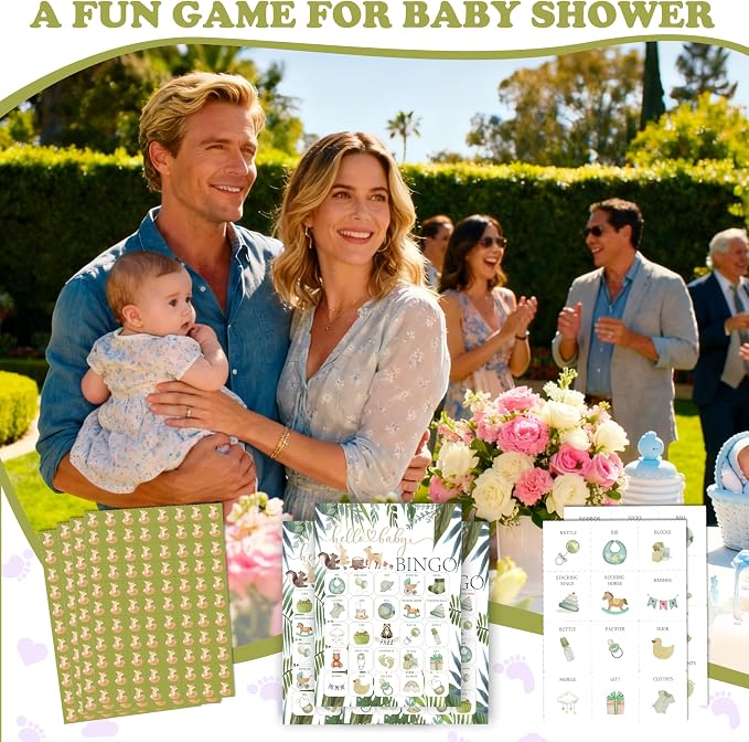 Baby Shower Bingo Game Cards Set for Guests Adults, Animals Woodland Baby Shower Party Bingo Game Gender Reveal Bingo Game for Family Friends Large Group Activity, Favors Supplies Decorations