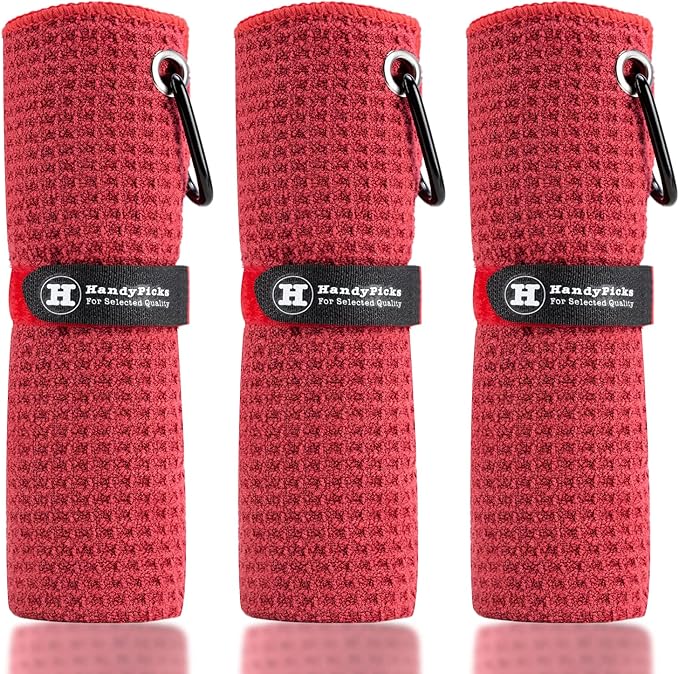Handy Picks Microfiber Golf Towel (16" X 16") with Carabiner Clip, Waffle Pattern Golf Towel Hook and Loop Fastener - The Convenient Golf Cleaning Towel