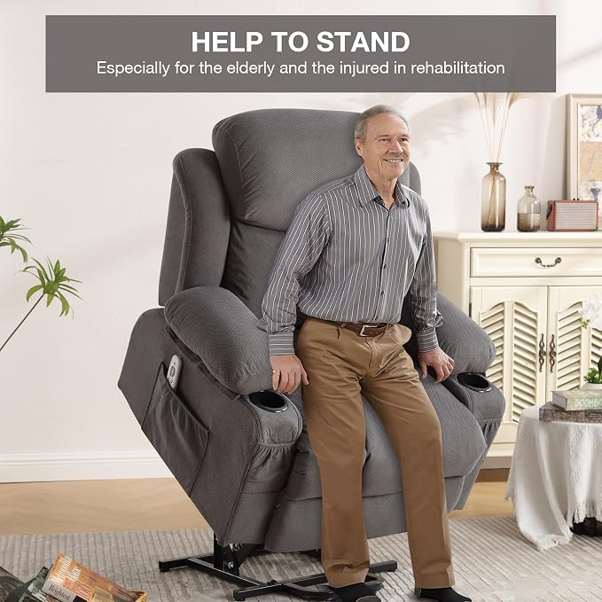 Power Lift Recliner Chair for Elderly with Vibration Massage and Lumbar Heating Electric Oversized Single Sofa with Cup Holder and USB Charge Port for Living Room