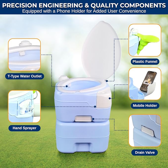 SereneLife 5.3 Gal Portable Toilet with Extra Large Seat, Moonwhite | 20L Waste Tank, 12L Fresh Water Capacity, 100+ flushes, hand sprayer & phone holder for camping, RVs, boating & emergency use