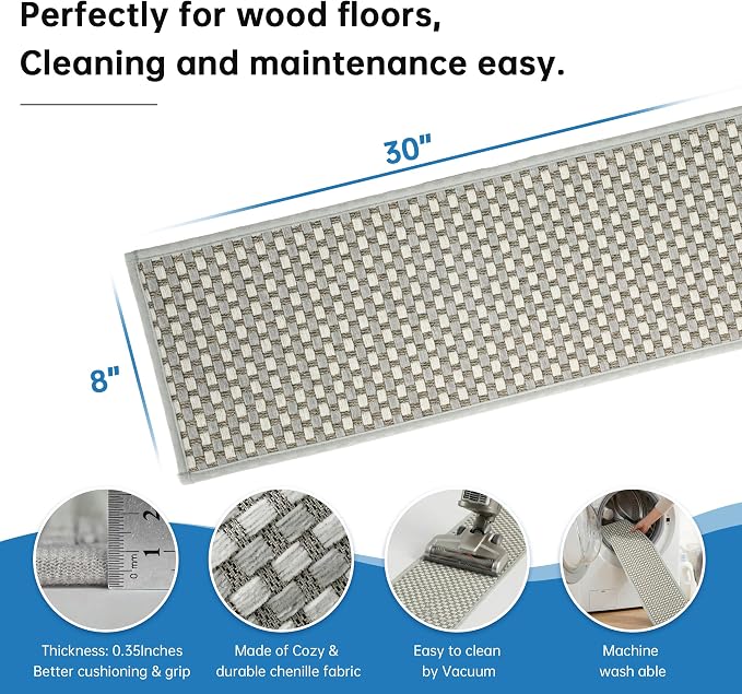 Chenille Stair Treads for Wooden Steps 8"x30" (15 Pack), Ultra Soft Non-Slip Carpet Stair Runners Indoor, Peel and Stick Self-Adhesive Step Rugs for Kids & Dogs, Machine Washable, Gray