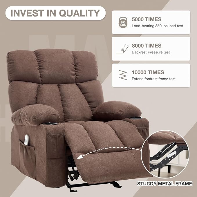 Massage Rocker Recliner Chair with Heat and Vibration Ergonomic Rocking Lounge Chair for Living Room Comfy Overstuffed Recliner with 4 Side Pockets,2 Cup Holders, Brown