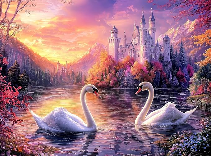 Adult Jigsaw Puzzle Swans Castle Lake 1000 Piece | Features swans swimming at sunset on a castle lake. 20x27 inches. Great for game nights on a table, puzzleboard, or floor.