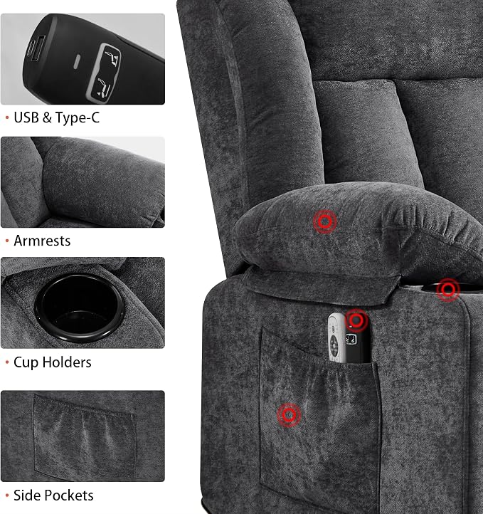 Power Lift Recliner Chair for Elderly with Massage and Heat, Recliner Chairs for Adults, Upgraded Fabric Reclining Sofa Chair with USB & Type-C Ports, L1288 (Dark Grey)