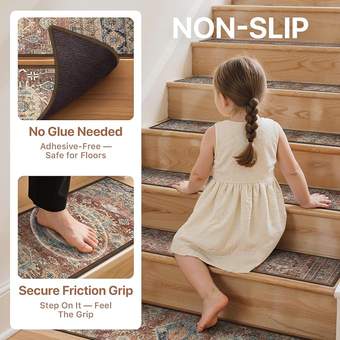 sarben 8"x30" Non Slip Stair Treads for Wooden Steps 15 Pack, Antique Red | Peel and Stick Carpet Stair Runner with TPE Adhesive Backing, Carpet for Added Safety, Pet and Senior Friendly
