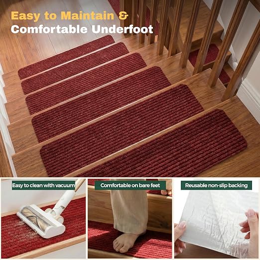 MBIGM Carpet Stair Treads for Wooden Steps, 15 Pack, 8" x 30", Red Stripe | Four-layer polyester carpet with PP grid base, nonwoven cushion and TPR adhesive backing adds indoor traction and comfort