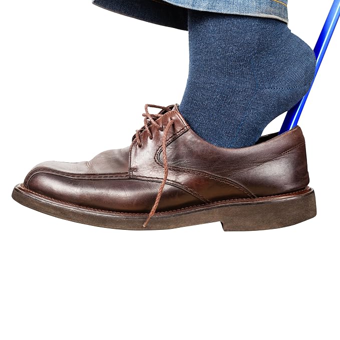 Rehabilitation Advantage Extra Long Blue Plastic Shoehorn (24") – Lightweight Shoe Helper with Curved Handle, Hooked End & Hanging Loop – Ideal for Seniors, Tall Users & Limited Mobility