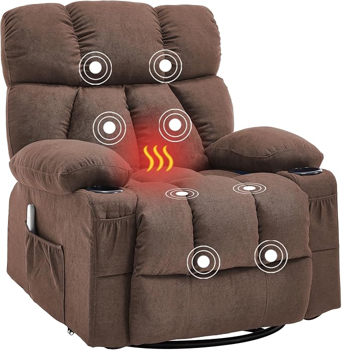Oversized Massage Swivel Rocker Recliner Chair with Heat and Vibration Rocking Lounge Chair for Living Room Comfy Overstuffed Recliner with 4 Side Pockets,2 Cup Holders, USB Charge Port, Brown