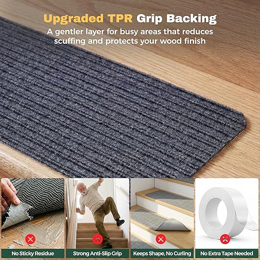 MBIGM Carpet Stair Treads for Wooden Steps, 7 Pack, 8" x 30", Grey Stripe | Four-layer polyester carpet with PP grid base, nonwoven cushion and TPR adhesive backing adds indoor traction and comfort
