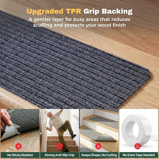 MBIGM Carpet Stair Treads for Wooden Steps, 15 Pack, 8" x 30", Grey Stripe | Four-layer polyester carpet with PP grid base, nonwoven cushion and TPR adhesive backing adds indoor traction and comfort