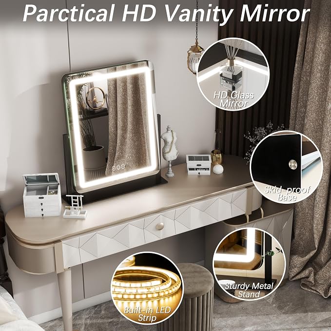 FENNIO Vanity Mirror with Lights 19"x22" - LED Lighted Makeup Mirror,Large Makeup Mirror with Lights,Touch Screen with 3-Color Lighting,Led Mirror Makeup,Dimmable, for Vanity Desk Tabletop, Bedroom
