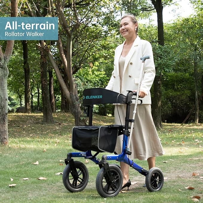 ELENKER All-Terrain Rollator Walker with Non-Pneumatic Tire 12” Front Wheels, Compact Folding Design for Seniors, Blue
