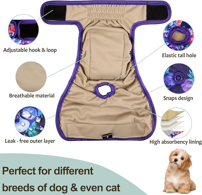 Female Dog Diapers 5Pcs - Premium Reusable Diapers for Doggie in Heat - Highly Absorbent Dog Diapers Female for Pet Incontinence with Adjustable Snaps, Rose, L