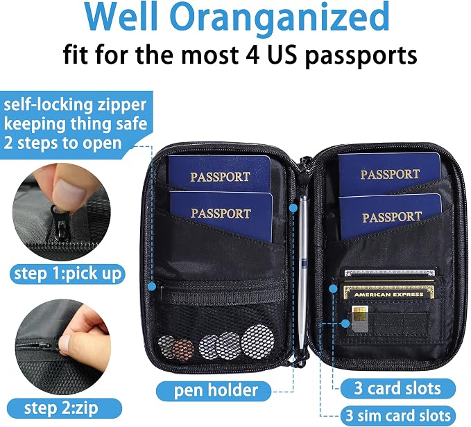 Lagre Family Passport Holder for 4, Black | Passport Wallet for Travel, RFID Blocking, Waterproof with Zipper, Airtag Case, Multiple Passport Bag