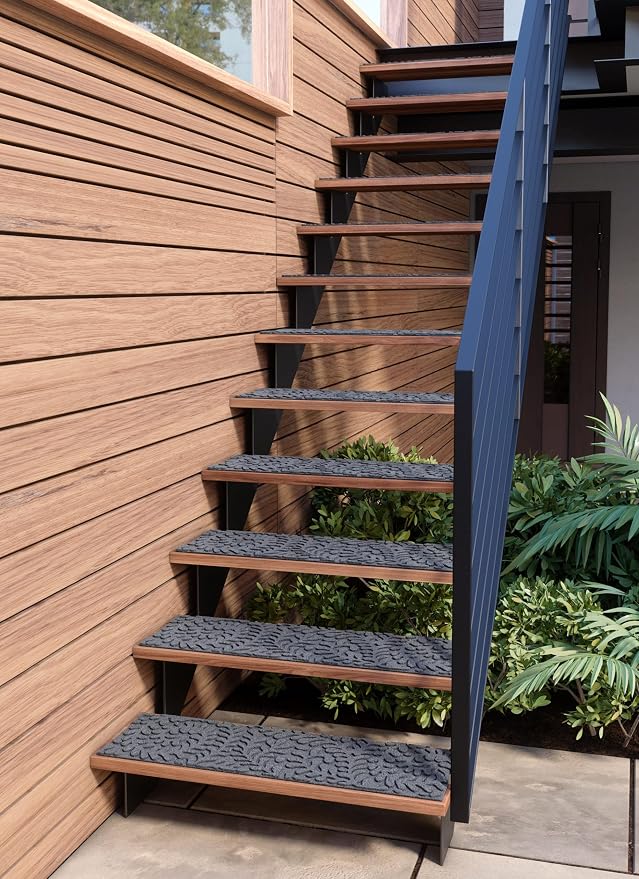 FINEHOUS Outdoor Stair Treads Non-Slip 35”x10” (6-Pack) – Carpet Treads with Rubber Backing Floral Grey