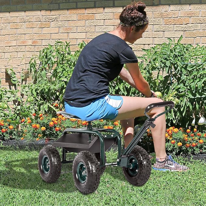 kinbor Rolling Garden Scooter Garden Cart with Tray, 360 Swivel Seat, Green
