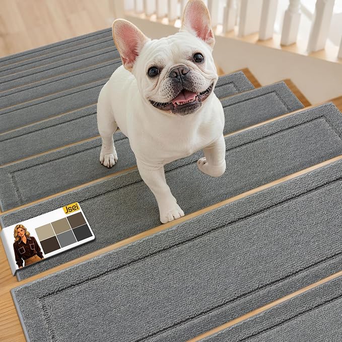 JSEI Stair Treads for Wooden Steps Indoor, 4-Pack, 30" x 8", Light Grey | Non Slip Stair Treads, Washable Polyester Stair Mats with TPE Backing, Low Profile Stair Rugs for Kids, Seniors and Dogs