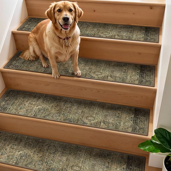 sarben 8"x30" Non Slip Stair Treads for Wooden Steps 15Pk,Dark Green Brown | Peel and Stick Carpet Stair Runner with TPE Adhesive Backing, Carpet for Added Safety, Pet and Senior Friendly