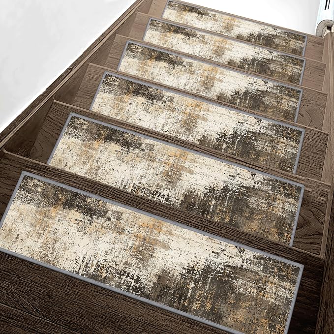 sarben 8"x30" Non Slip Stair Treads for Wooden Steps 15 Pack,Chestnut Smoke | Peel and Stick Carpet Stair Runner with TPE Adhesive Backing, Carpet for Added Safety, Pet and Senior Friendly