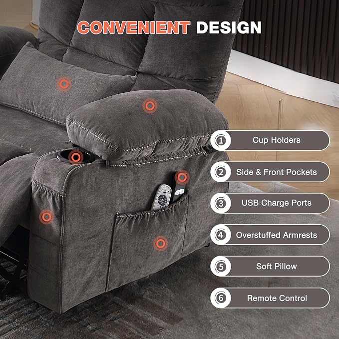 MAHOMICO Power Lift Recliner Chair for Elderly with Vibration Massage and Lumbar Heating,Electric Lift Recliner Single Sofa with Side Pocket,Two Cup Holders and USB Charge Port for Living Room
