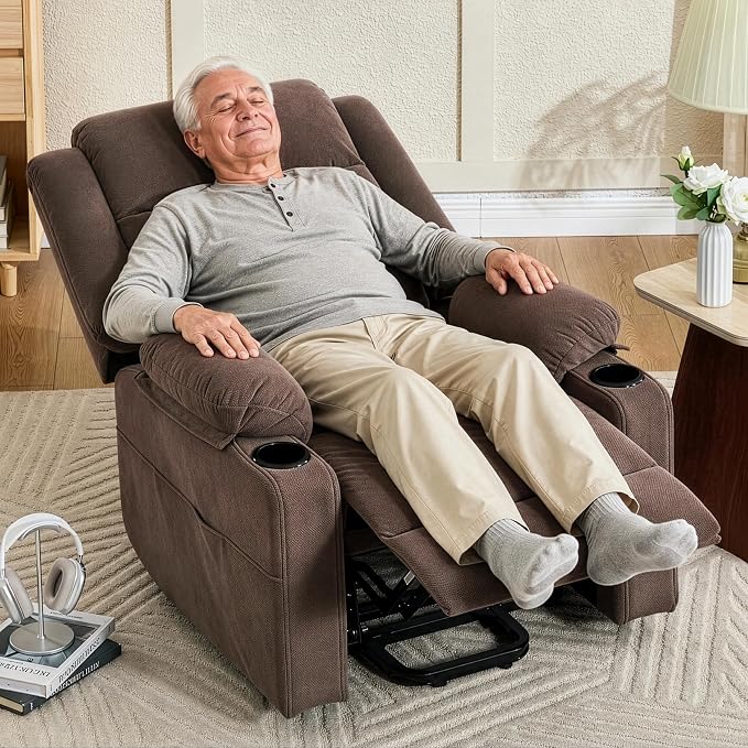 Power Lift Recliner Chair for Elderly Adults with Massage and Heat, Fabric Electric Recliner Sofa with Side Pocket, Two Cup Holders for Living Room L9912 (Brown)