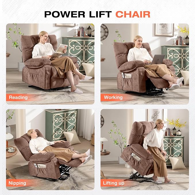 Power Lift Recliner Chair for Elderly with Vibration Massage and Lumbar Heating, Electric Lift Recliner Sofa with USB Charging Port and Side Pocket, Adjustable Lift Chair for Living Room Comfort