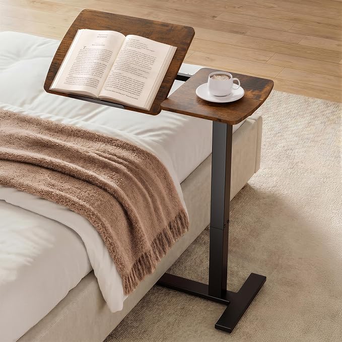 Sakugi Overbed Bedside Table with Wheels, Right-Side Tilt Top, Laptop Desk | Home & Office, Hospital Bed Table, Rolling Bed Tray, Height Adjustable, Brown,12.9" D × 27.6" W × 29.1"–39" H