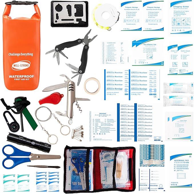 WELL-STRONG Boat First Aid Kit with Survival Tools, 123pcs Waterproof Emergency Marine Kit with Buckles, Compact Boat Safety Accessories for Fishing Kayaking Boating Camping Rafting Beach Orange