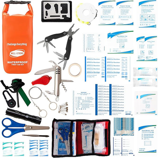 WELL-STRONG Boat First Aid Kit with Survival Tools, 123pcs Waterproof Emergency Marine Kit with Buckles, Compact Boat Safety Accessories for Fishing Kayaking Boating Camping Rafting Beach Orange