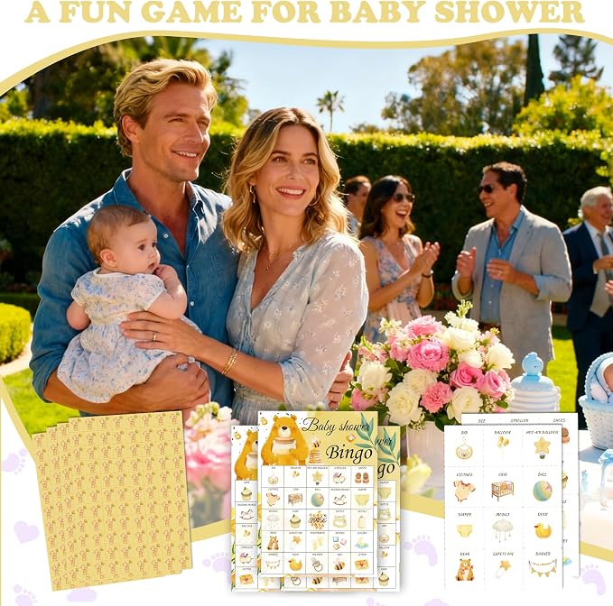 Baby Shower Bingo Game Cards Set for Guests Adults, Honey Bear Baby Shower Party Bingo Game Gender Reveal Bingo Game for Family Friends Large Group Activity, Favors Supplies Decorations