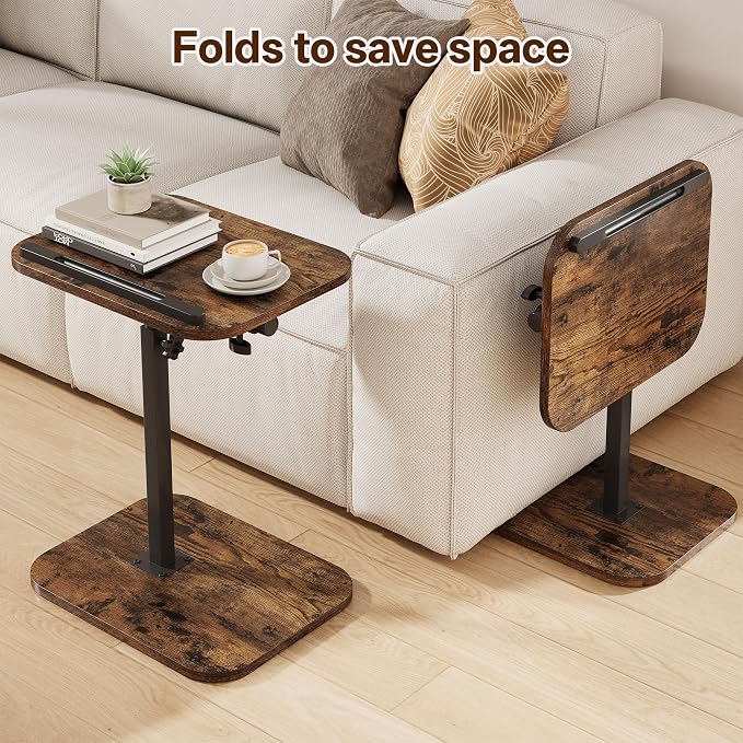 TV Tray Table, Sofa Side Armrest Tray, C Shaped End Table | Adjustable Height, Flip-Top, Snack Side Table with 360° Swivel and 180° Tilt, for Couch, Small Spaces, Bed, Chair, Brown