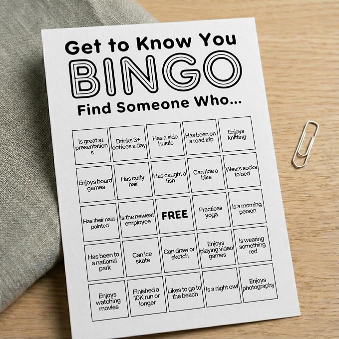 Find Someone Who Bingo Cards, 25 Unique Randomized 5x7 Sheets, Get to Know You Bingo Game for Adults, Ice Breaker Office Party Games, Team Building Games for Work, High Replay Value - B001
