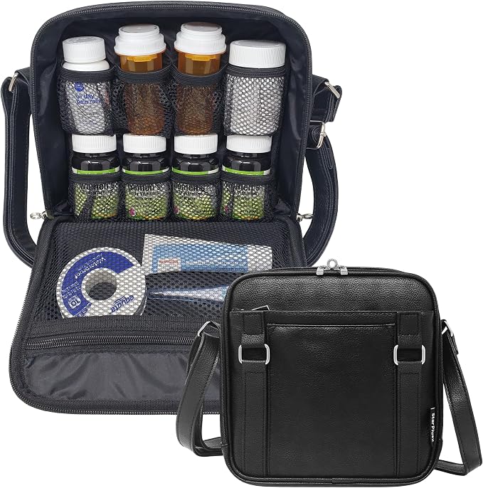 Medium 2-in-1 Pill Bottle Organizer, Crossbody Purse | Prescription bottle organizer with shoulder strap holds 8 pill bottles plus phone, wallet, keys, Black