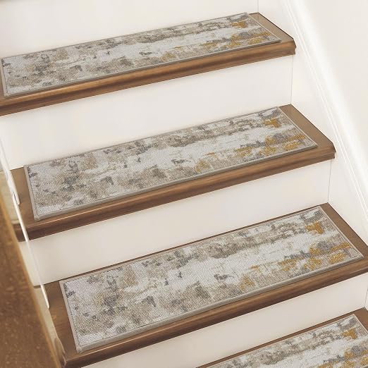 BEQHAUSE Stair Treads for Wooden Steps, 8"X30", 4pcs, Beige/Grey | Non-Slip Machine Washable Carpet Stair Treads, TPE Backing, 100% Polyester, Soft Indoor Stair Runner for Kids Elders and Pets