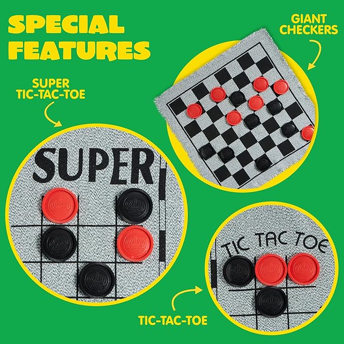 3-in-1 Vintage Giant Checkers, Tic, Tac, Toe, with Reversible Mat, 24 Chips, Family Board Game, Lawn Game, BBQ Party Favor, Indoor and Outdoor Activity for Kids and Adults