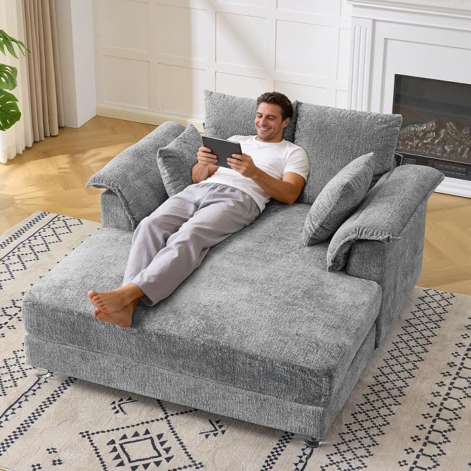 VINGLI Modern Floating Chaise Lounge Chair with Acrylic Legs, Upholstered Cushion Deep Seat Lounge Sofa with Iron-Wood KD Frame, Pillow Armrest, Accent Chair for Living Room, Play Room Apartment