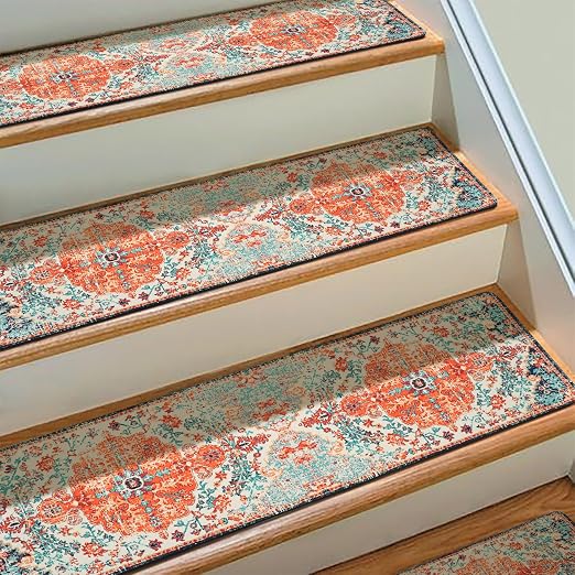 Boho Stair Treads Non Slip - Carpet Stair Treads for Wooden Steps Indoor, Stair Rugs for Kids, Elders and Dog, Stair Runners for Wooden Steps, 4 pcs