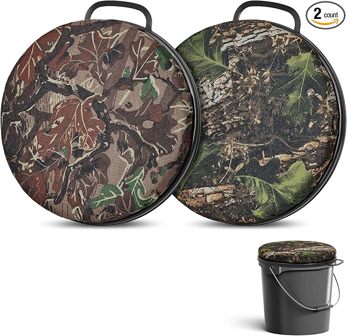 2 Pcs 5 Gallon Bucket Seats 360 Degree Swivel Bucket Seat Cushion Camouflage Ice Fishing Cushion Waterproof Cover for Hunting Fishing Gardening Camping